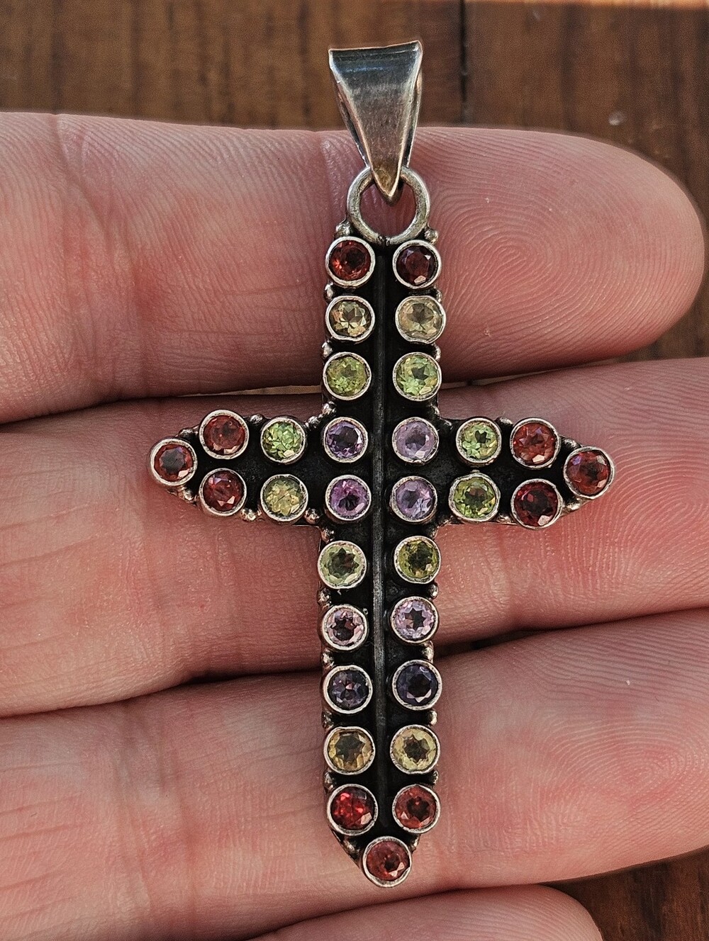 Vintage Sterling Silver Multicolor Semi Precious Gemstone Cross Pendant 2.25"